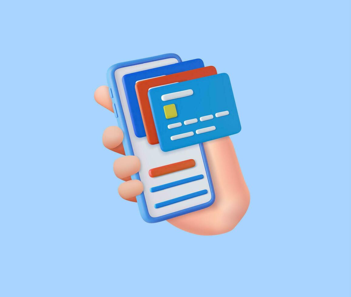 3D Hand holding mobile phone with credit card vector