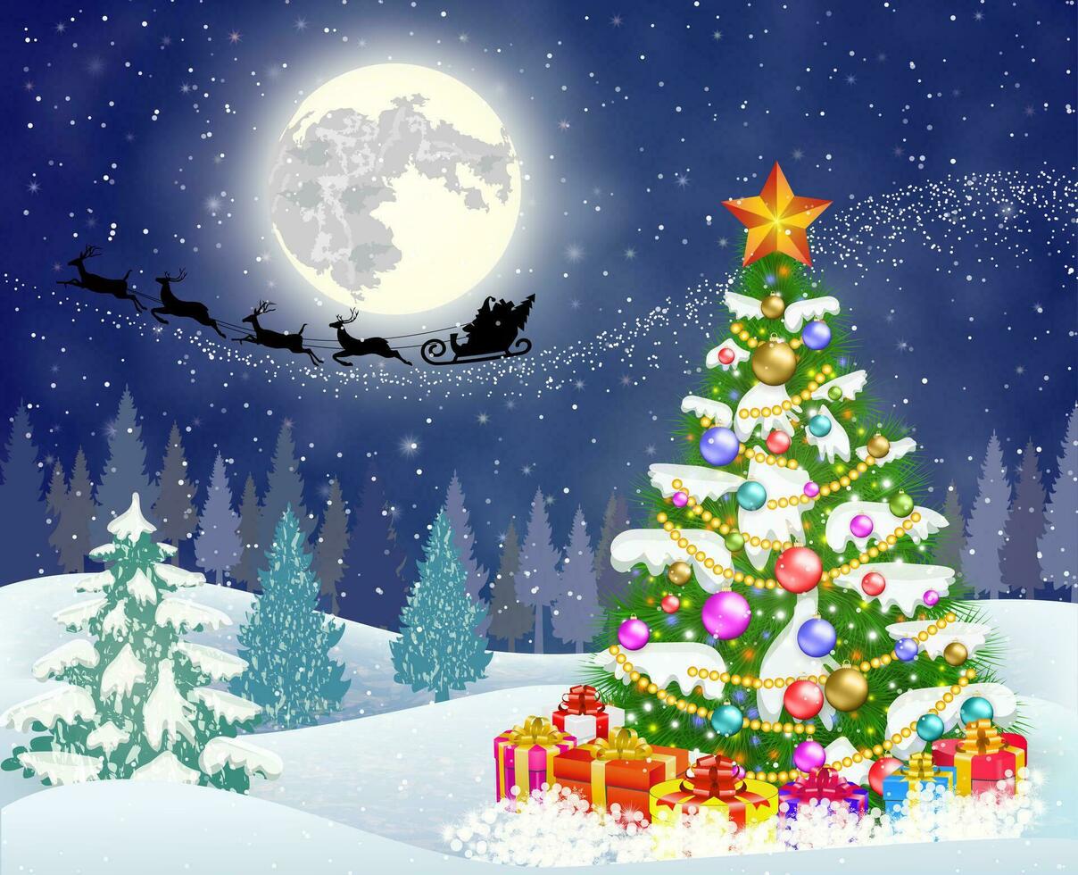 christmas tree on the background of night sky vector