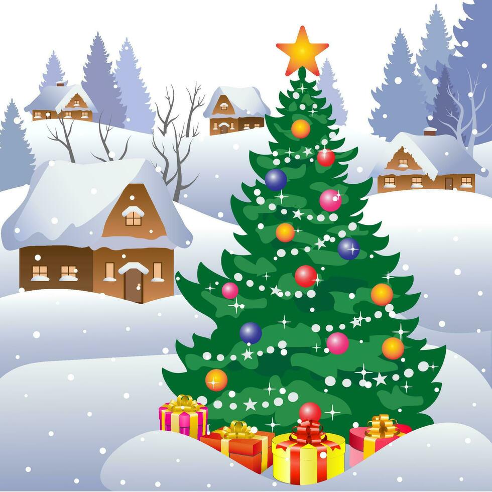 Vector illustration of a snowy village.