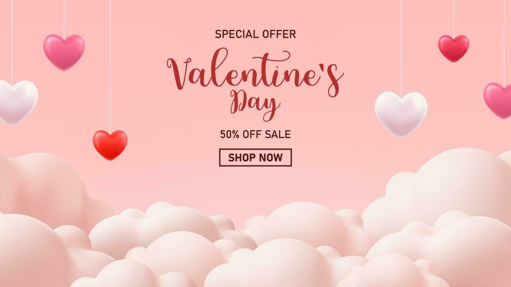 3d Valentines day sale poster with red and pink hearts background vector