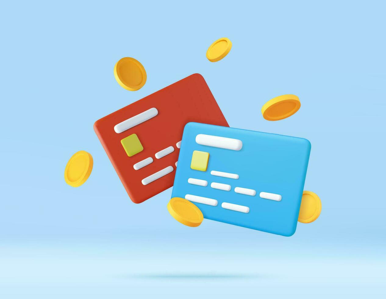 3d Credit card, floating coins around vector