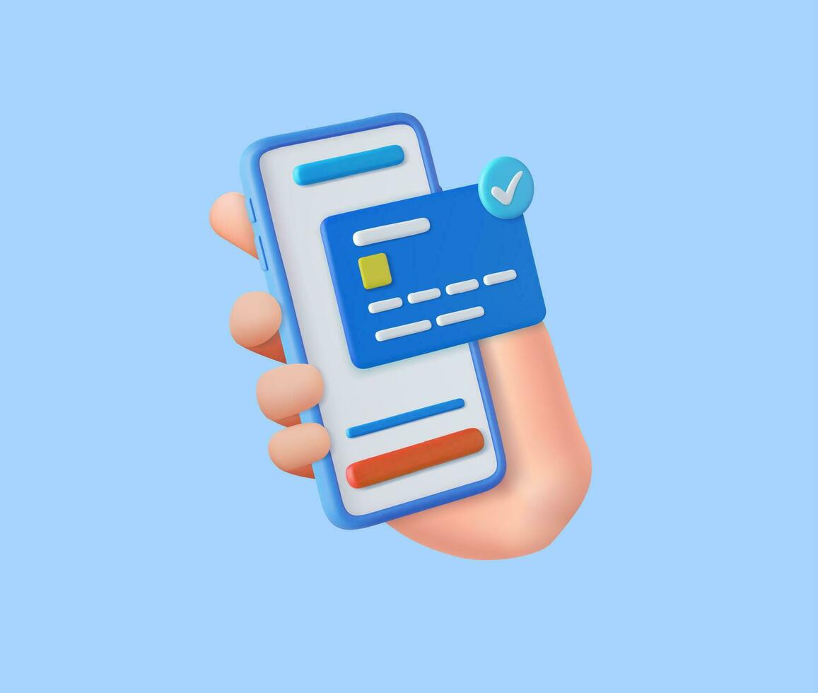 3D Hand holding mobile phone with credit card vector