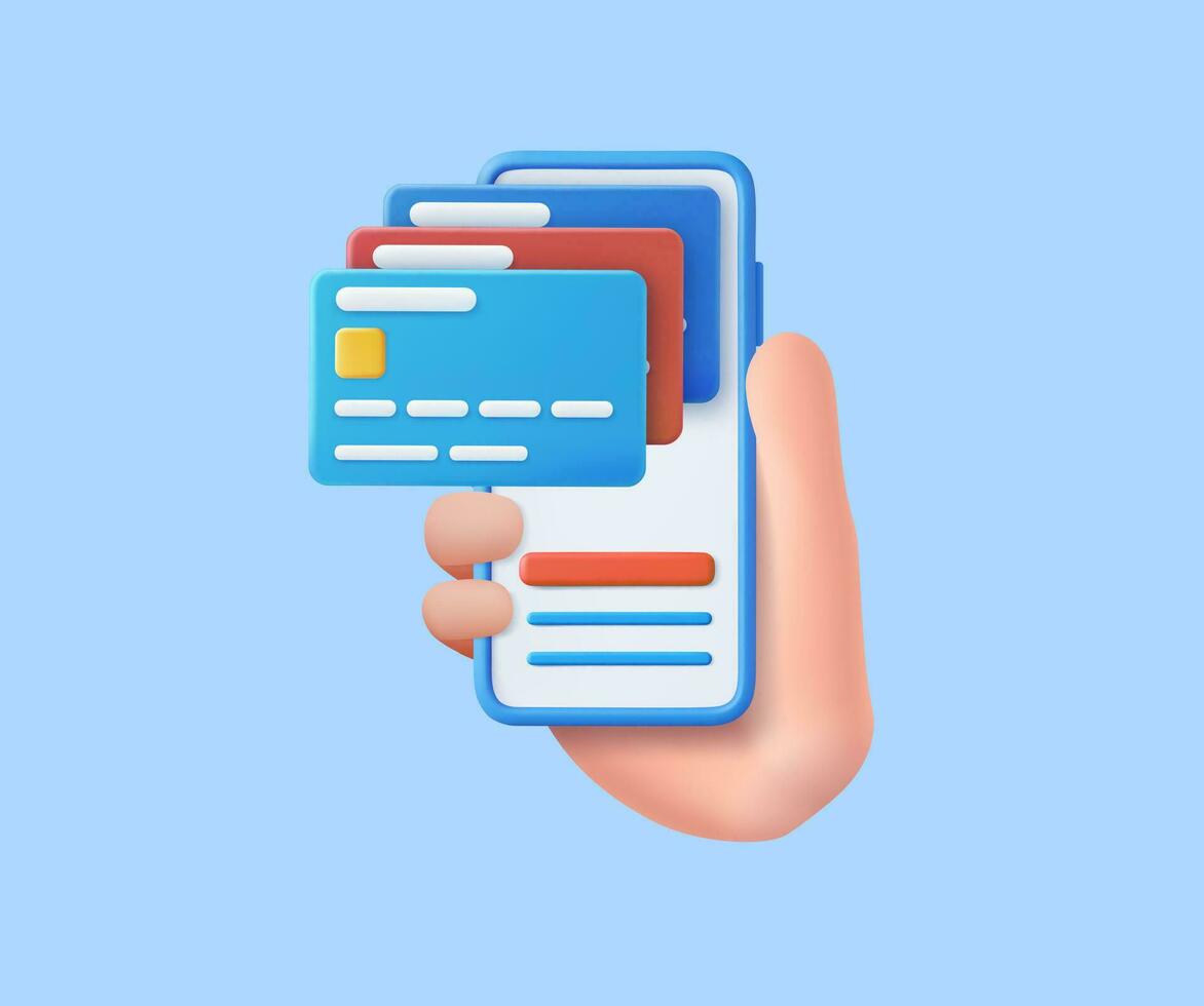 3D Hand holding mobile phone with credit card vector