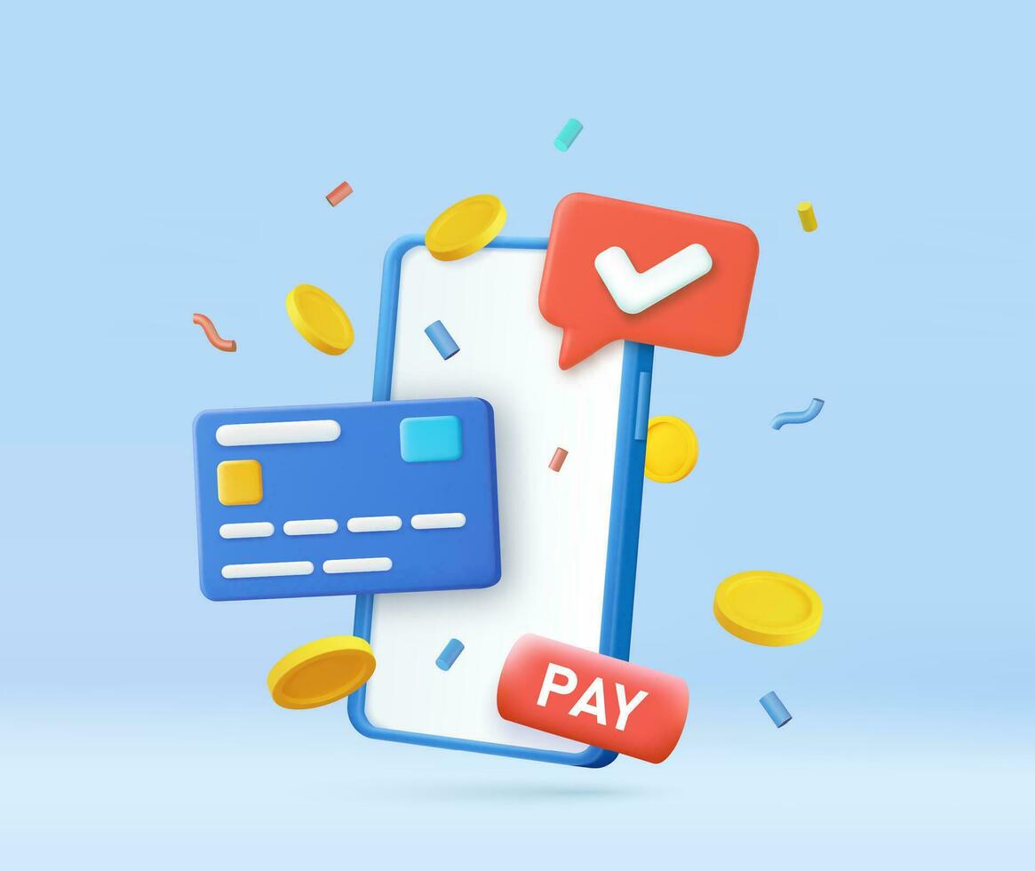 3d pay with mobile phone, vector