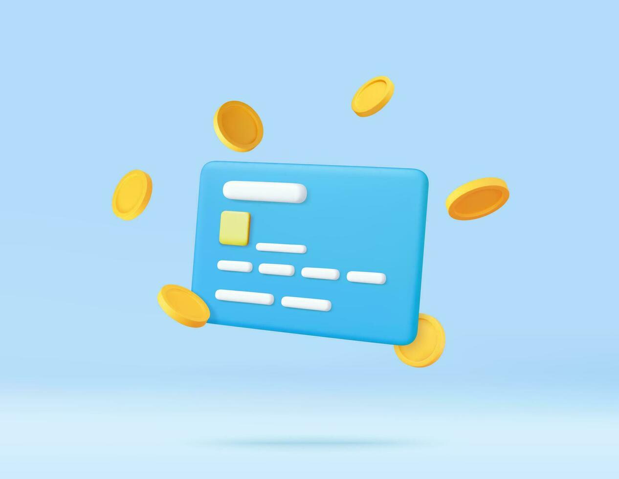 3d Credit card, floating coins around vector