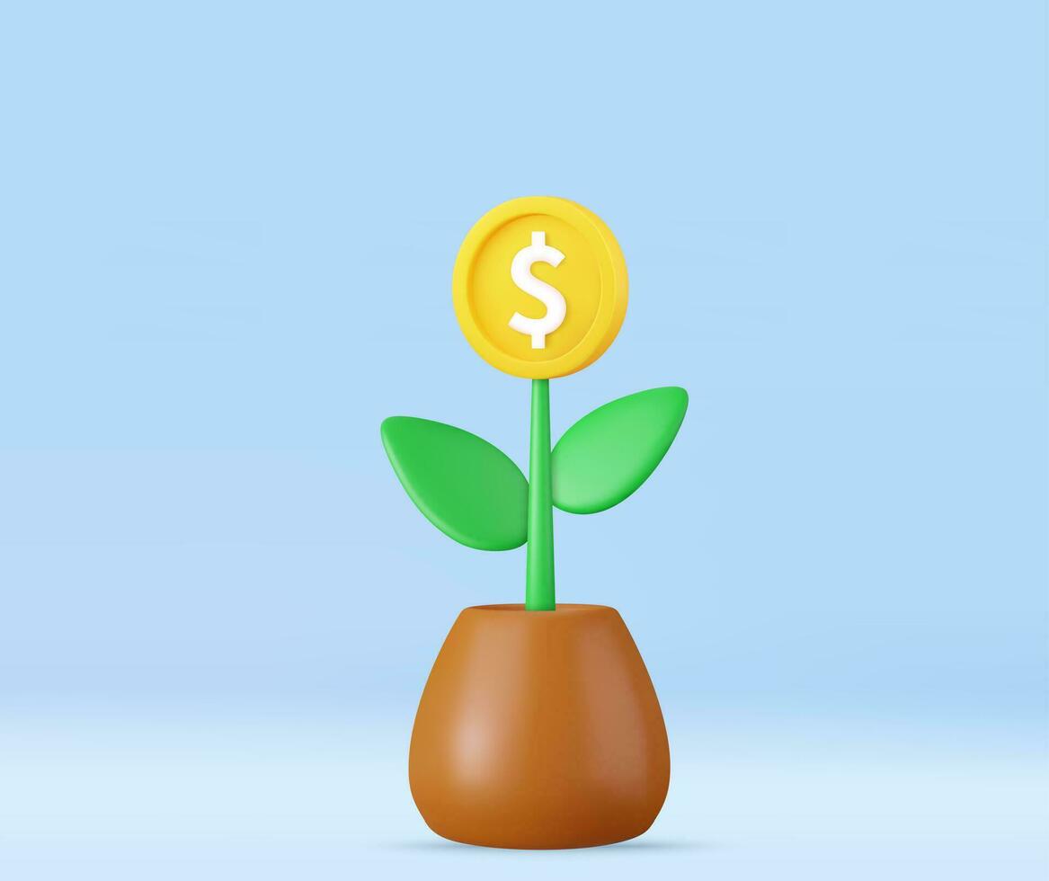 3d dinero árbol planta con moneda vector