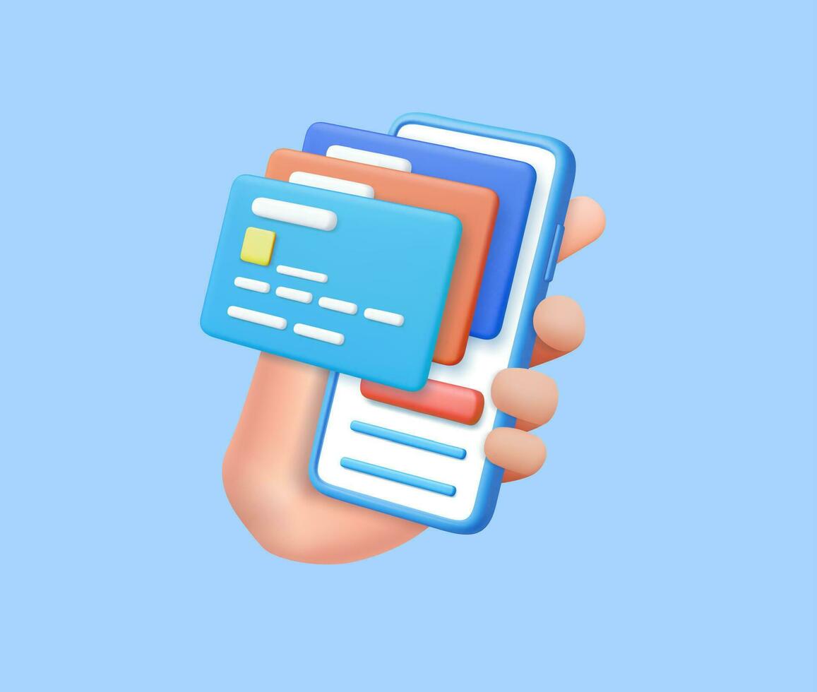 3D Hand holding mobile phone with credit card vector