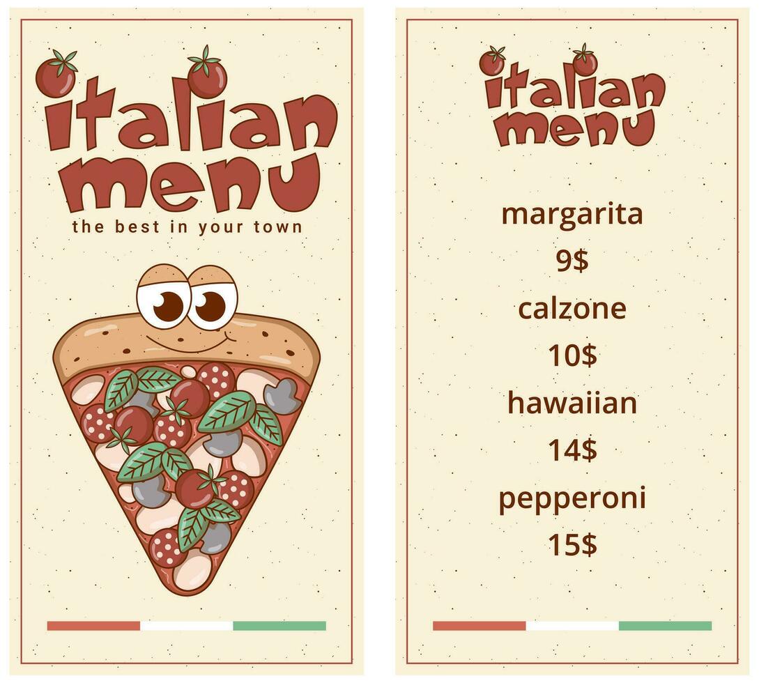 Pizza food menu for restaurant, cafe, pizzeria. Retro groovy cartoon character. Vintage mascot psychedelic smile, emotion. Funky vector illustration