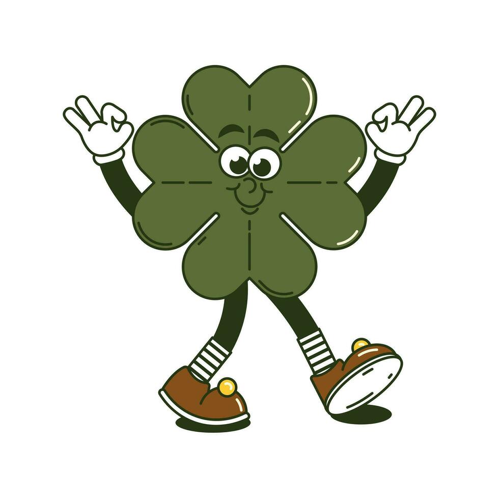 Happy Saint Patricks Day retro sticker. Funky groovy cartoon character walking clover with four leaf. Vintage funny mascot patch psychedelic smile and emotion. Comic trendy vector illustration