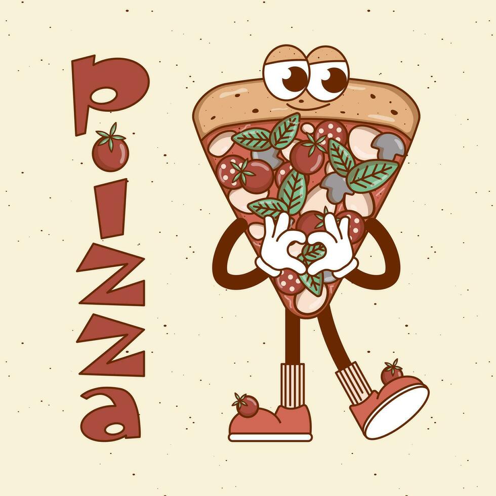 retro maravilloso dibujos animados personaje rápido comida Pizza. póster con Clásico mascota psicodélico sonrisa, emoción. miedoso vector ilustración