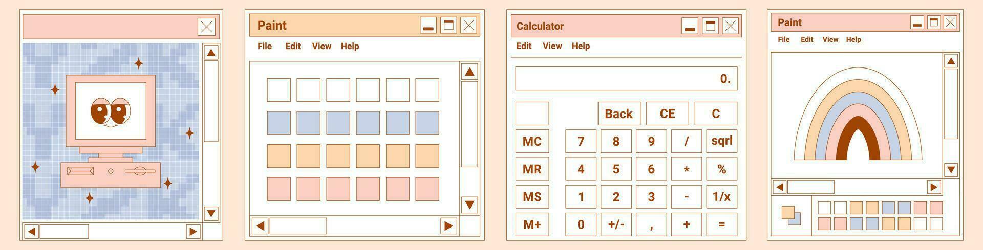 User Interface y2k set cards. Retro stickers Browser windows. Cute personal computer character with psychedelic smile and emotion, Paint, Calculator. Delicate pastels vector illustration.