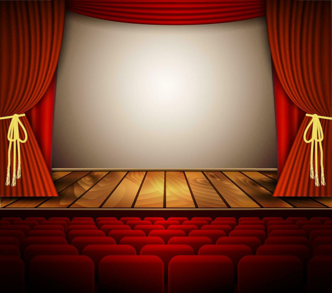 A theater stage with a red curtain, seats. vector