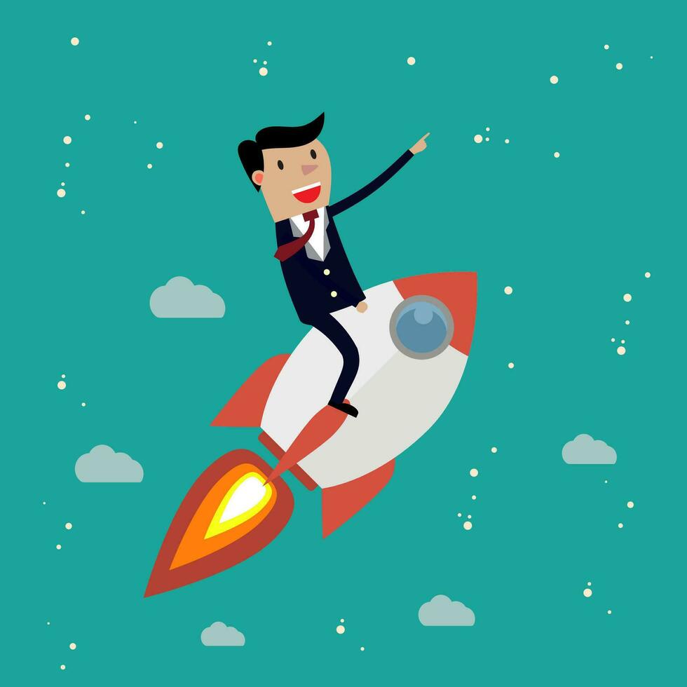 Startup Business. Businessman on a rocket. vector