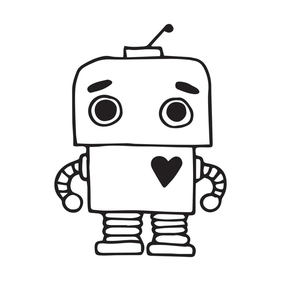 vector drawing in doodle style, cute robot. funny character for children, black and white line drawing.