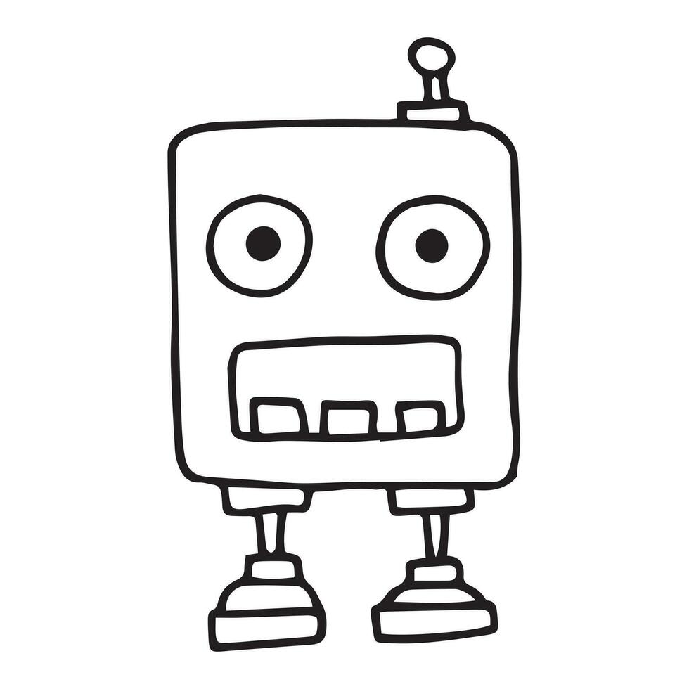 vector drawing in doodle style, cute robot. funny character for children, black and white line drawing.