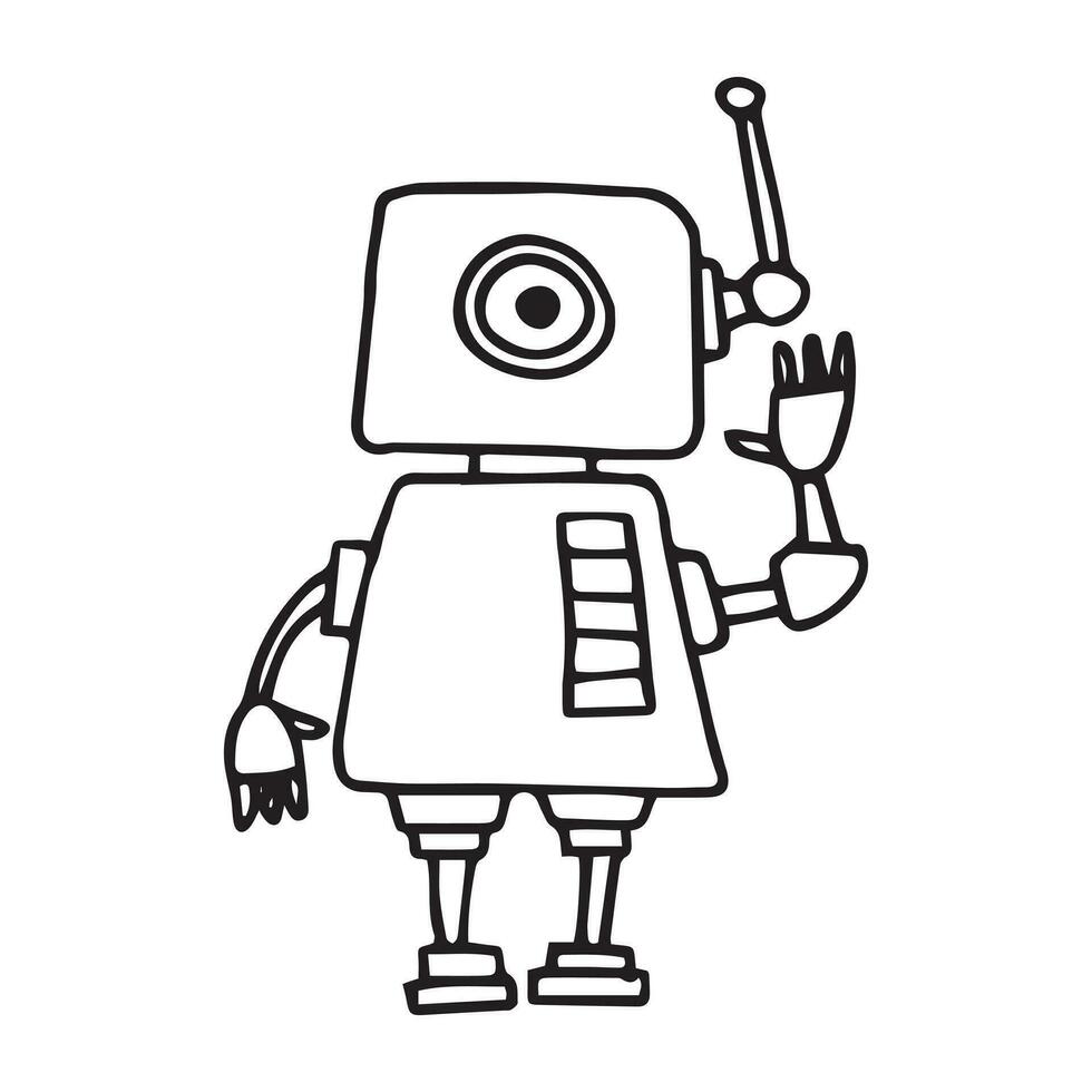 vector drawing in doodle style, cute robot. funny character for children, black and white line drawing.