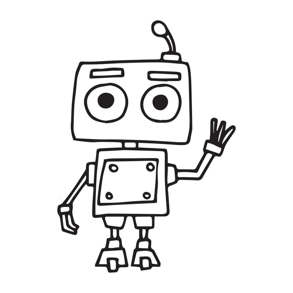 vector drawing in doodle style, cute robot. funny character for children, black and white line drawing.