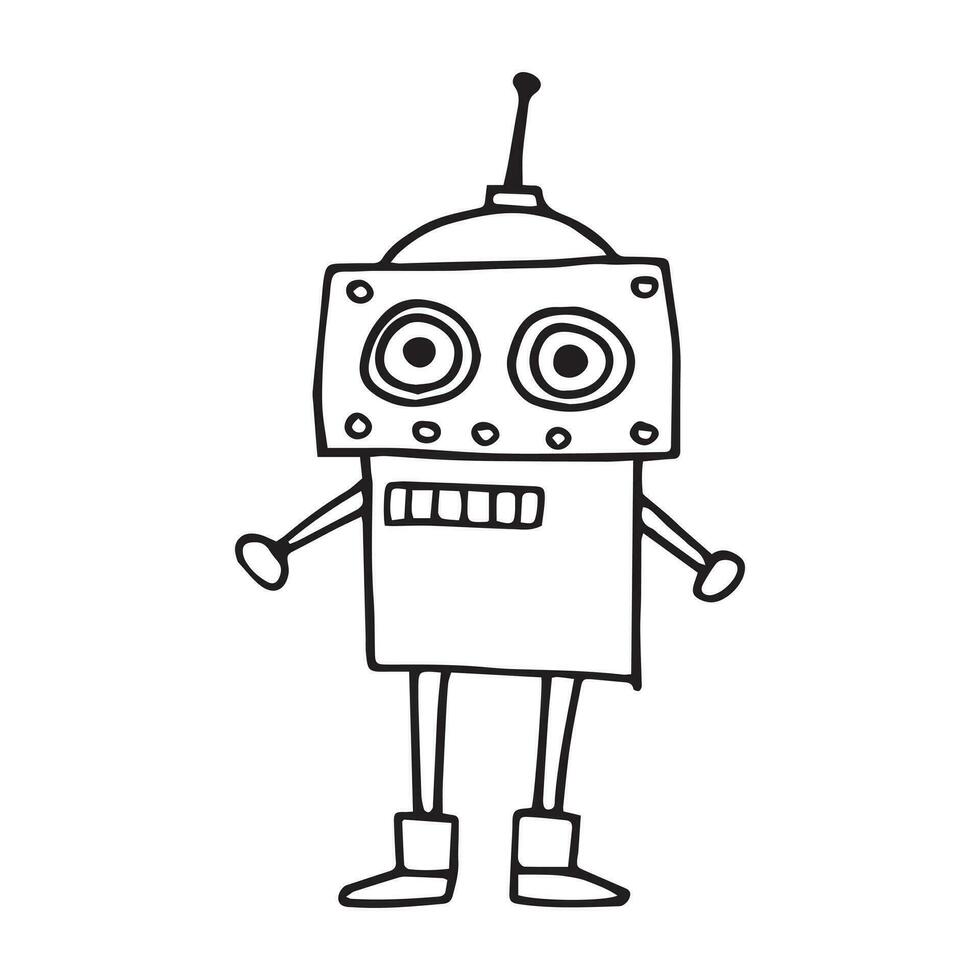 vector drawing in doodle style, cute robot. funny character for children, black and white line drawing.