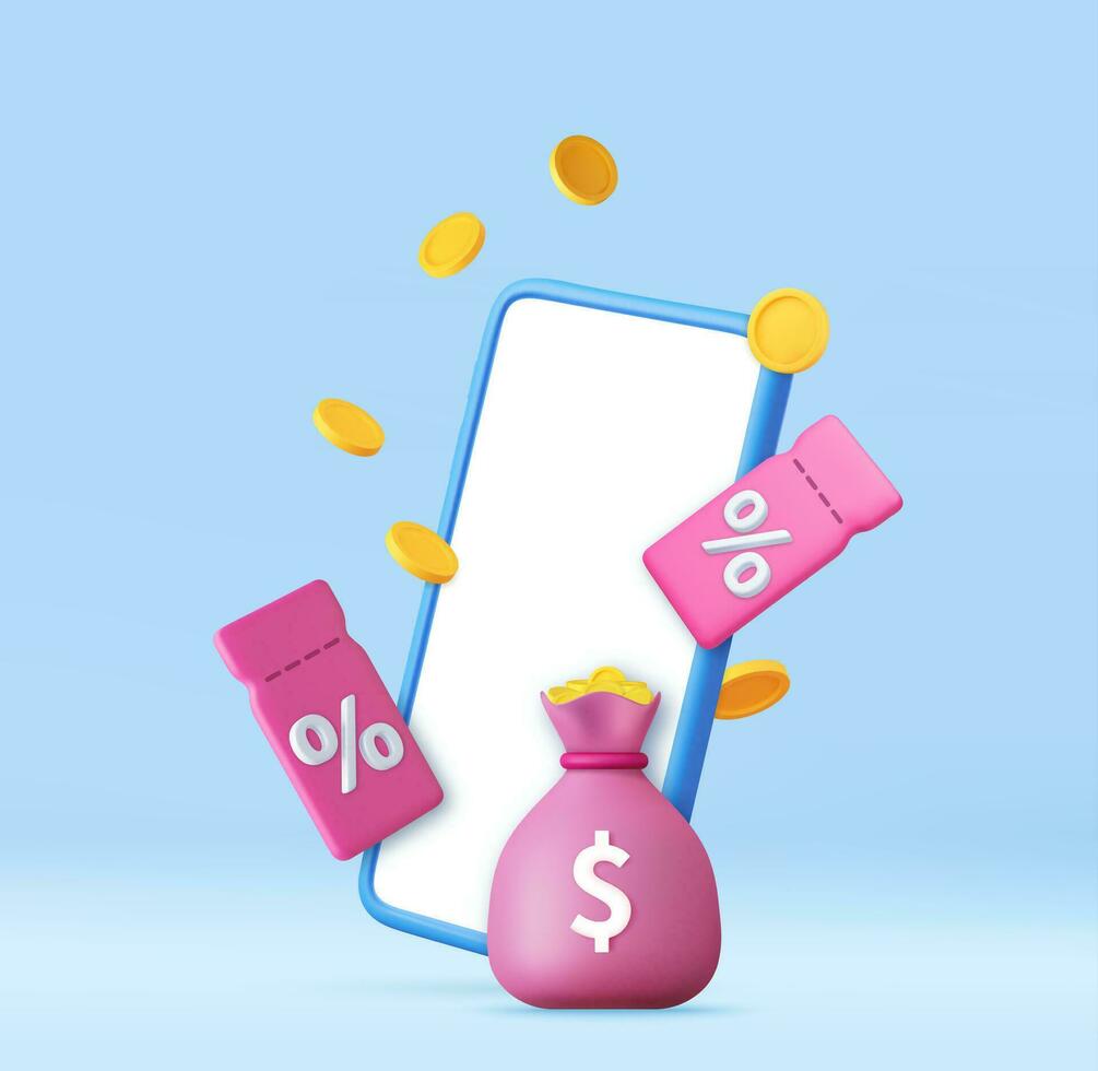 3D Gift Coupon on mobile phone. vector