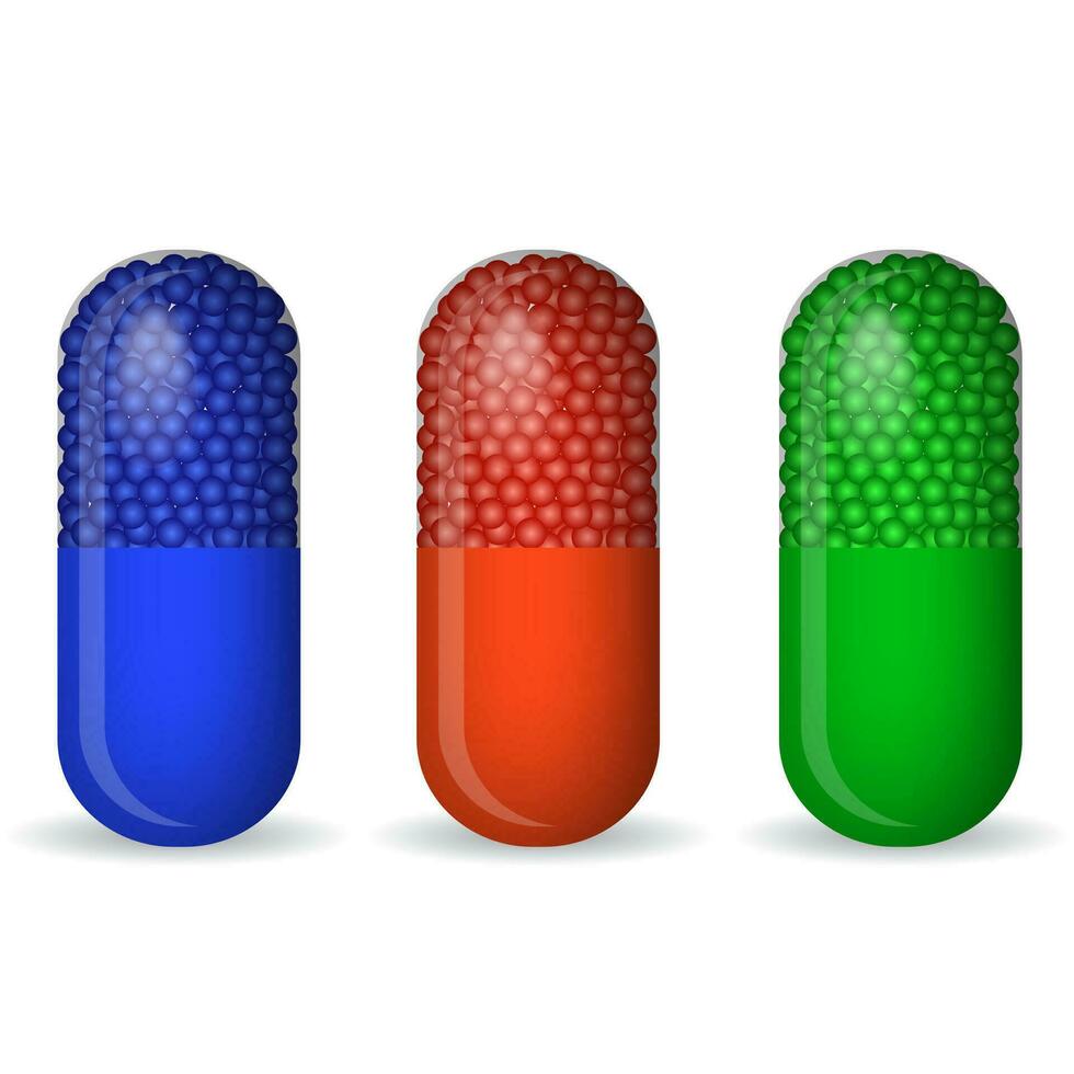 Blue, green and red pills. vector