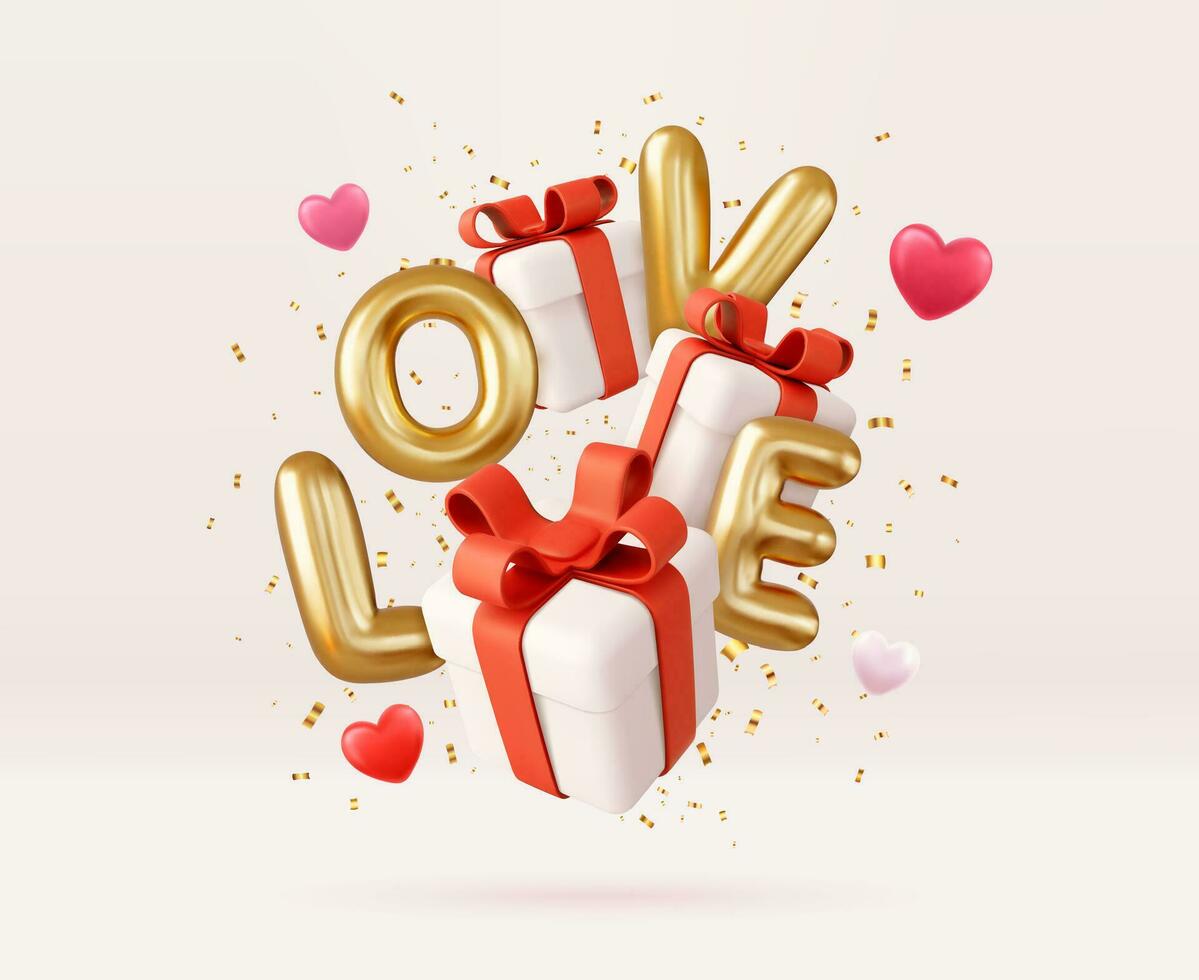 3D Valentines Day gift boxes with red bows. Gold word Love 3D realistic on the background vector