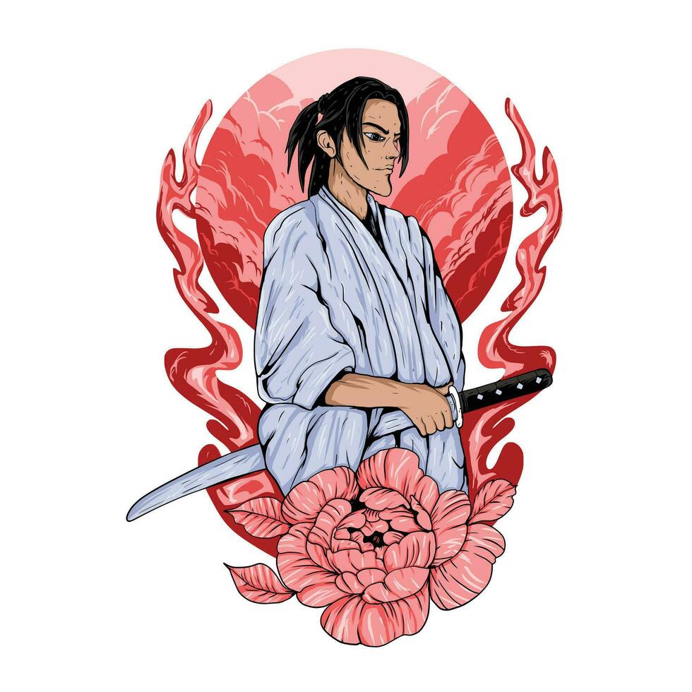 Cartoon samurai man character sketch in style vector