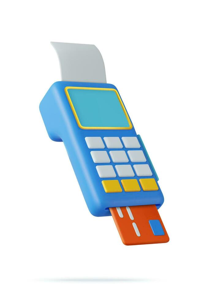 3d Pos terminal with receipt and credit card. vector