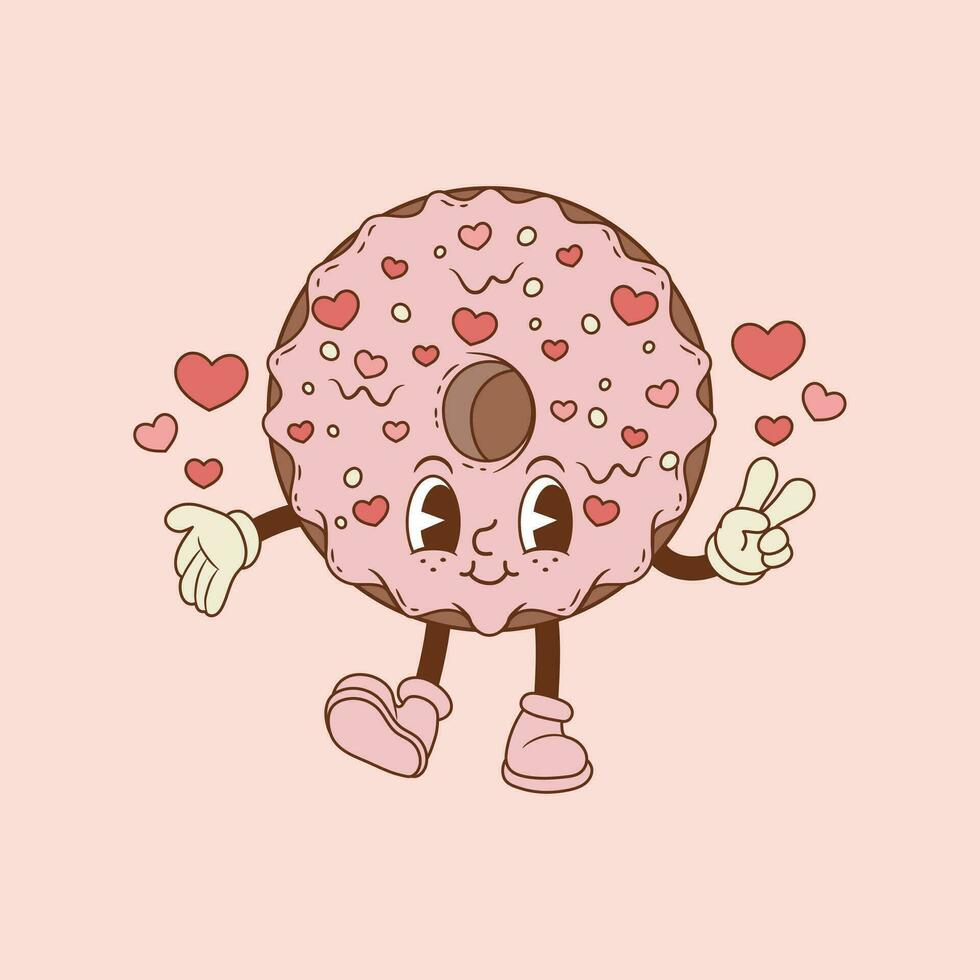 retro illustration of doughnut with hearts and pink cream, retro doughnut smiling vector