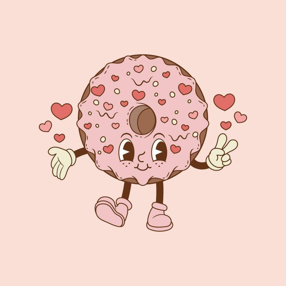 retro ilustración de rosquilla con corazones y rosado crema, retro rosquilla sonriente vector