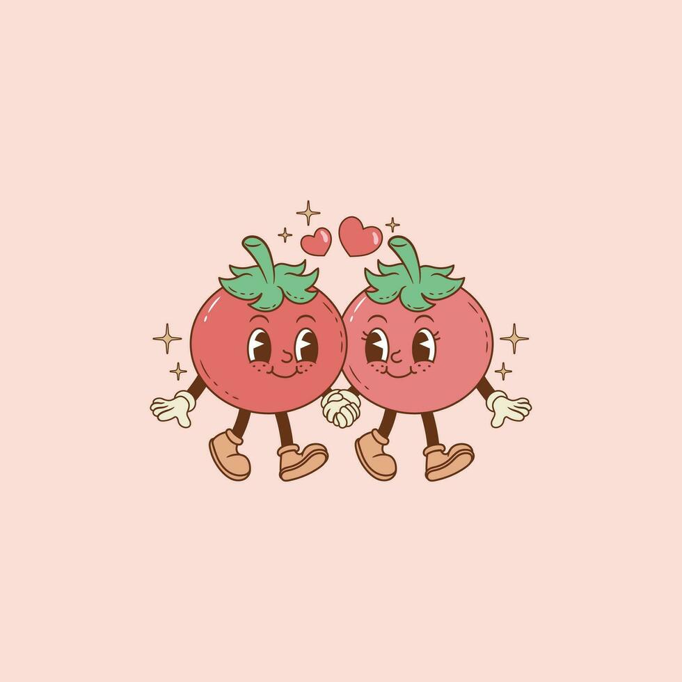 retro illustration of two tomatoes in love, tomatoes as a couple vector