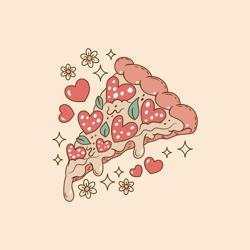 Cute Illustration of pizza with heart-shaped pepperoni and melted cheese, pizza triangle , retro pizza vector