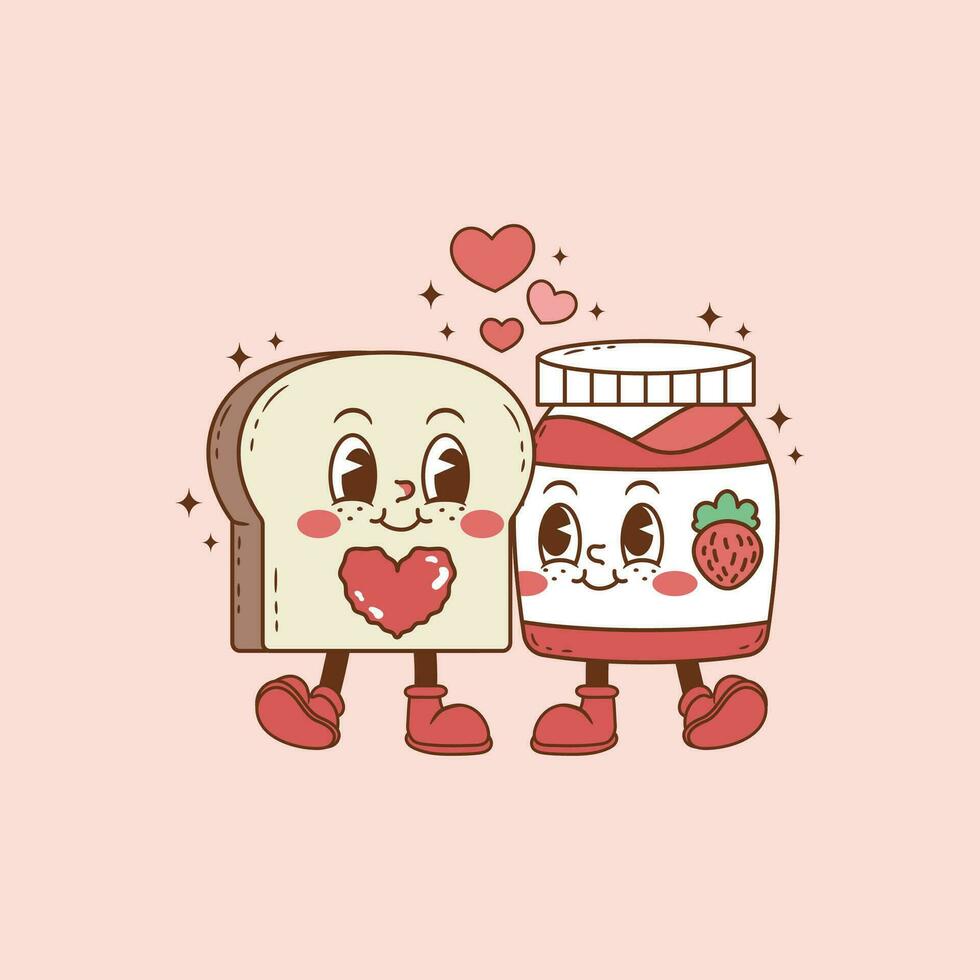 retro ilustración de un pan y mermelada en amor y con corazones, dos rebanadas de un pan en amor vector