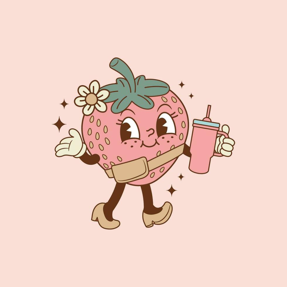 cute retro illustration of strawberry walking with thermos in hand vector