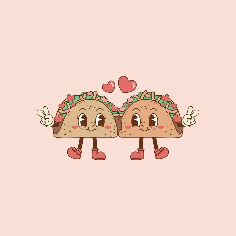 retro illustration of two tacos in love, tacos as a couple vector