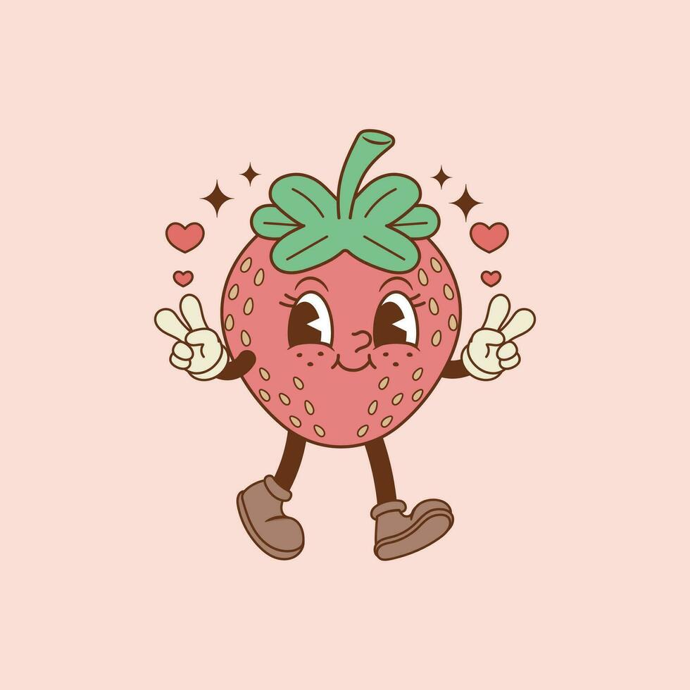 cute retro illustration of strawberry walking and smiling vector
