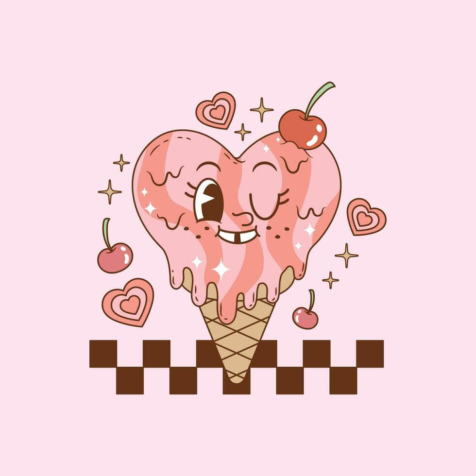 cute retro illustration of melting heart shaped ice cream vector