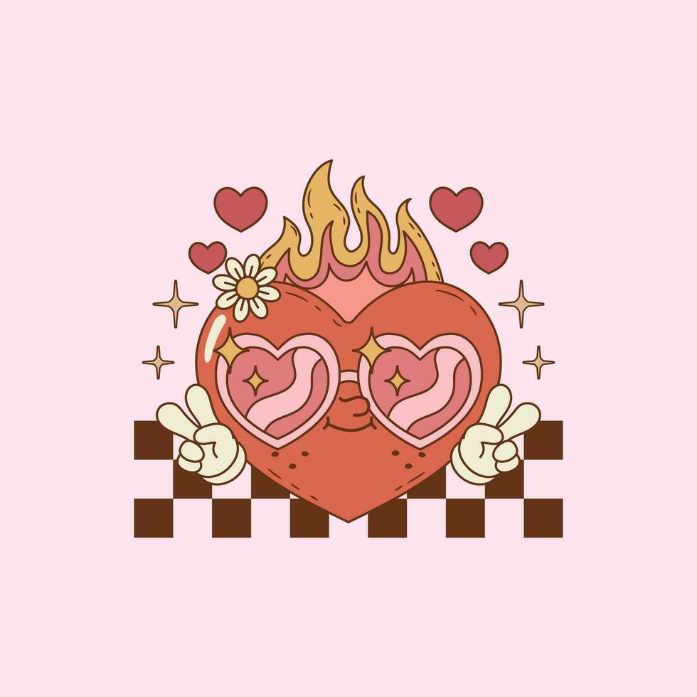 retro illustration of heart with heart glasses, fire and flames vector