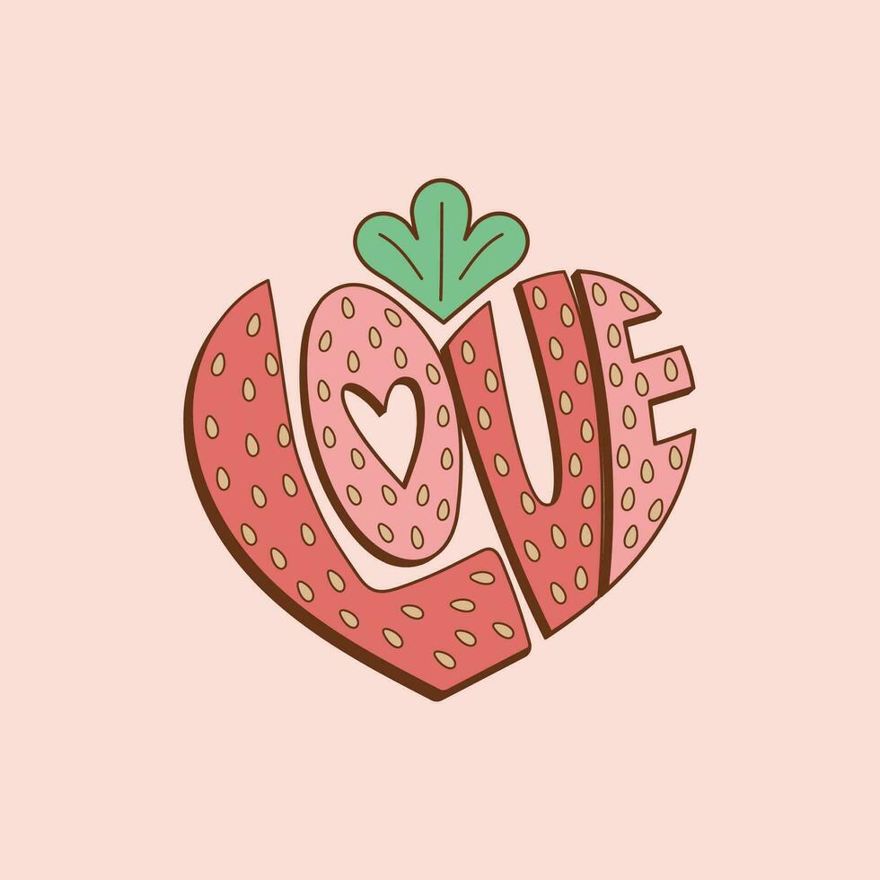 cute illustration of the word love with strawberry skin texture, word love in the shape of a heart and strawberry texture vector