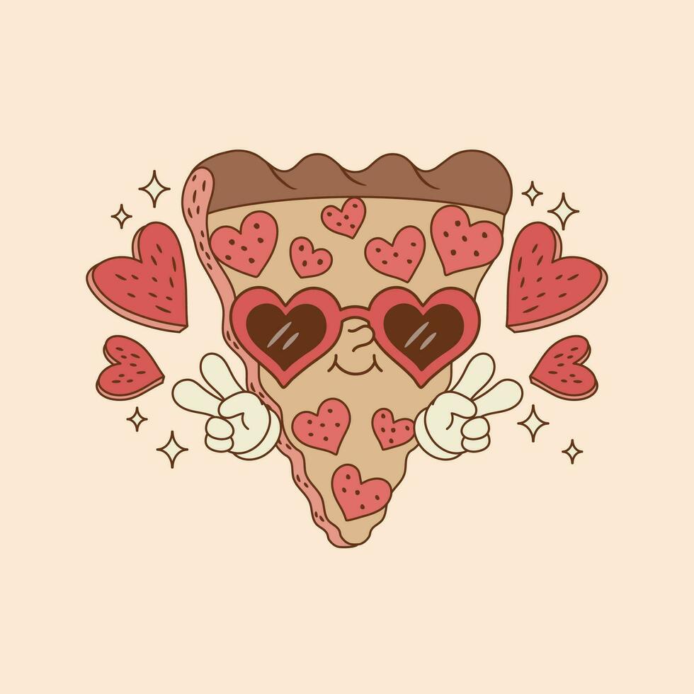 cute illustration of pizza with pepperoni wearing a heart glasses vector