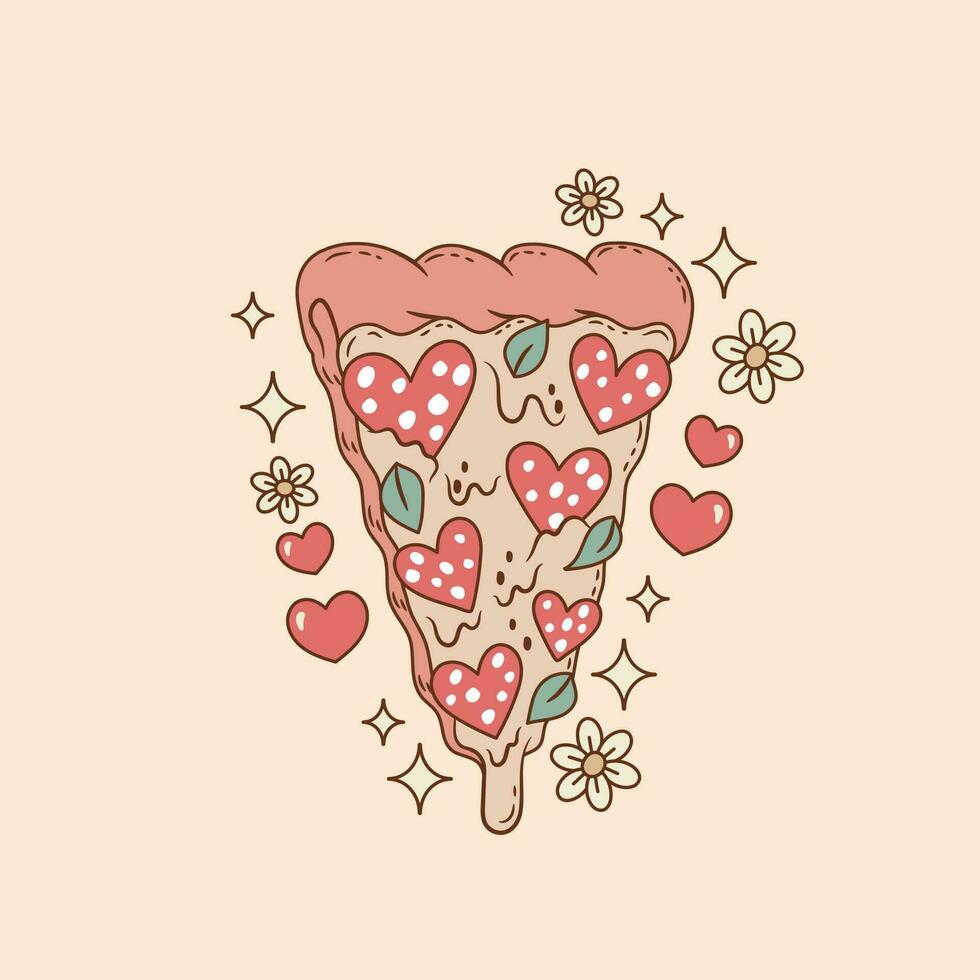 Cute Illustration of pizza with heart-shaped pepperoni and melted cheese, pizza triangle , retro pizza vector