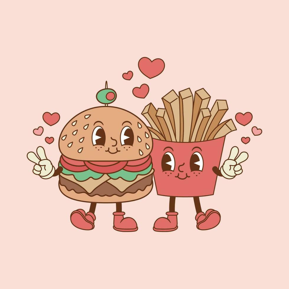 retro illustration of hamburger and french fries together and surrounded by hearts vector