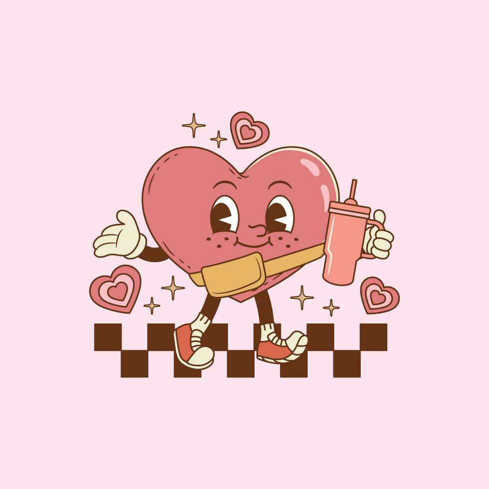 linda retro ilustración de corazón caminando con termo en mano vector