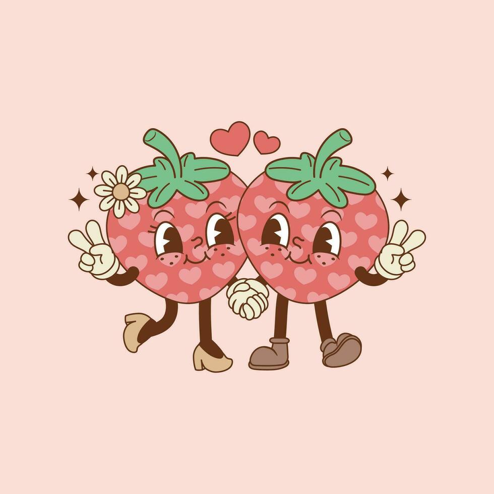 linda ilustración de Pareja de fresas en amar, dos fresas en amor vector