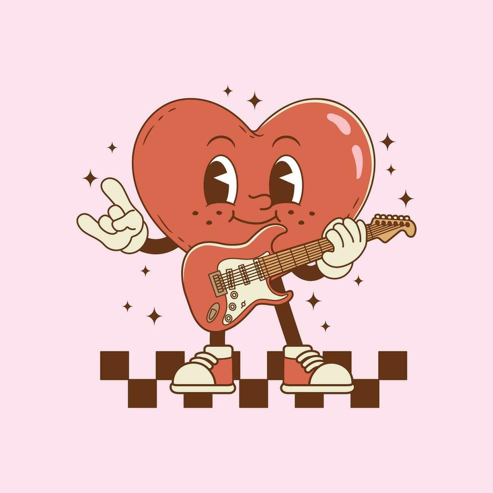 retro illustration of heart holding an electric guitar for playing music vector