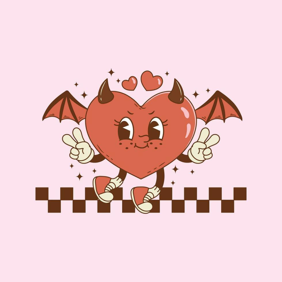 linda retro ilustración de corazón con diablo disfraz y mal personalidad y murciélago alas vector