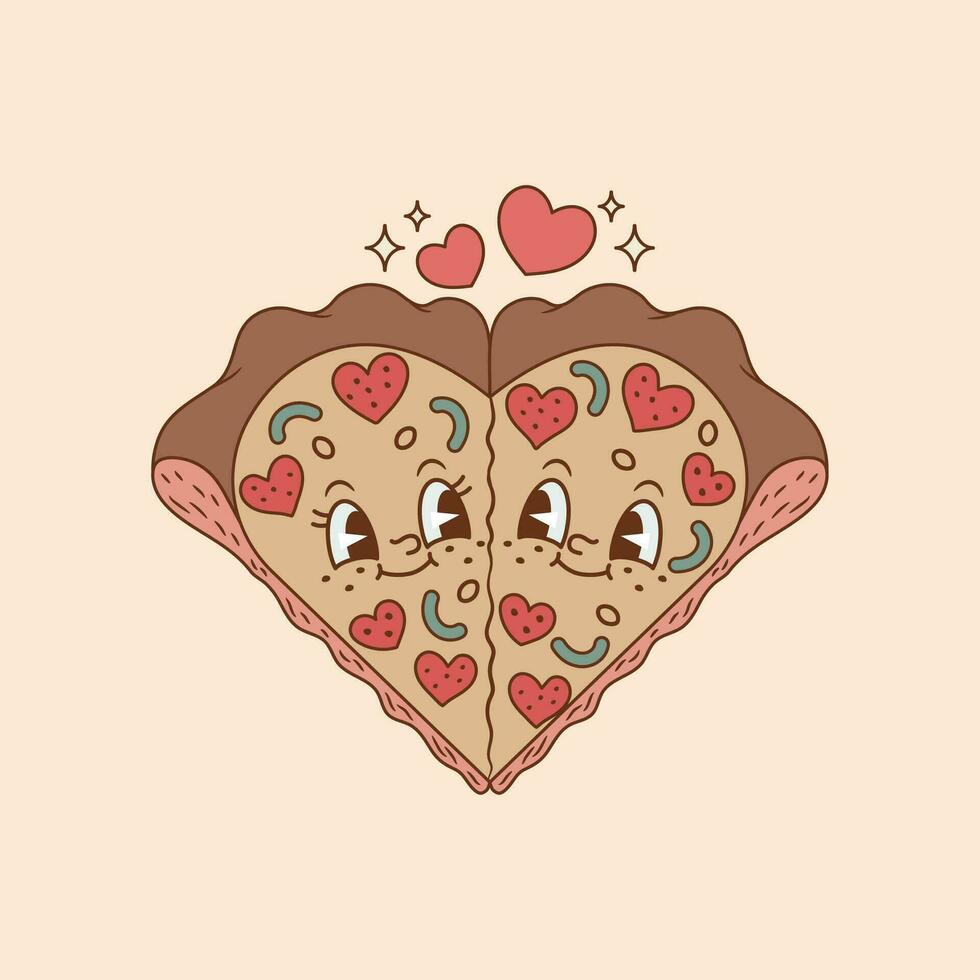 two pizza triangles forming a heart, pizza couple in love, two pizza triangles in love vector