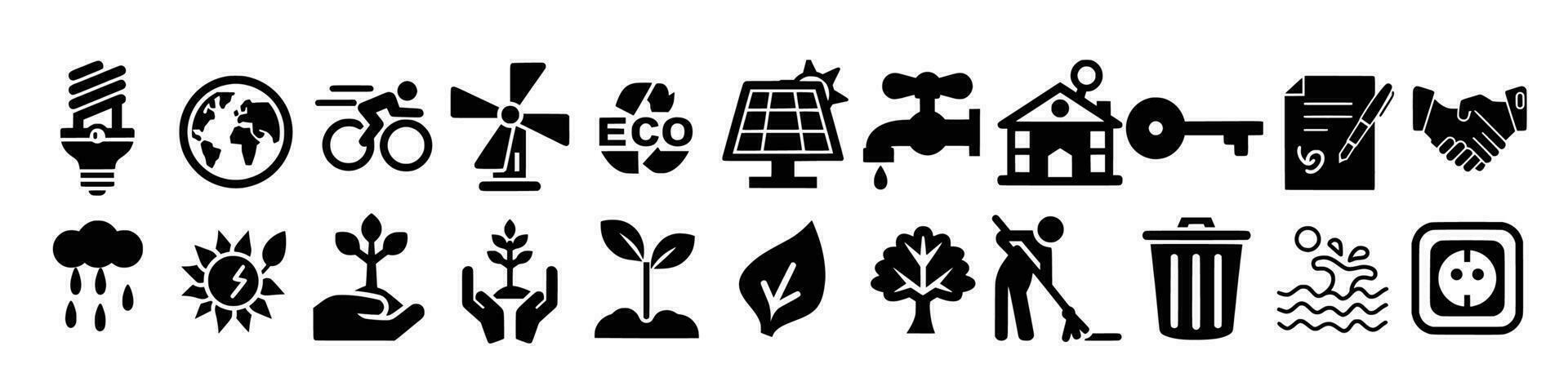 Ecology line art icon set, nature and environment. Protection, planet care, natural recycling power. Vector ecology line art illustration