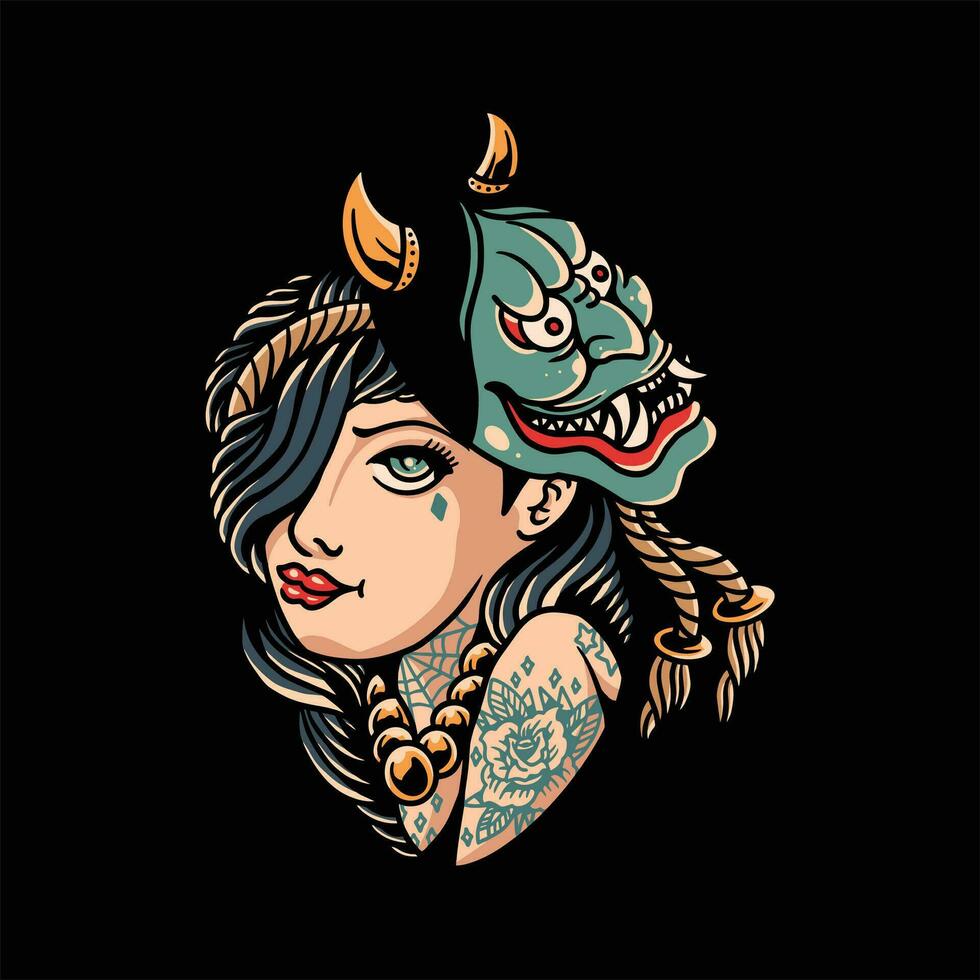 oni girl tattoo vector design