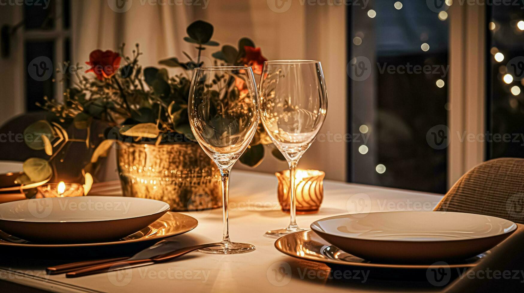 AI generated Festive date night tablescape idea, dinner table setting for two and Christmas, New Year, Valentines day decor, English country home styling photo