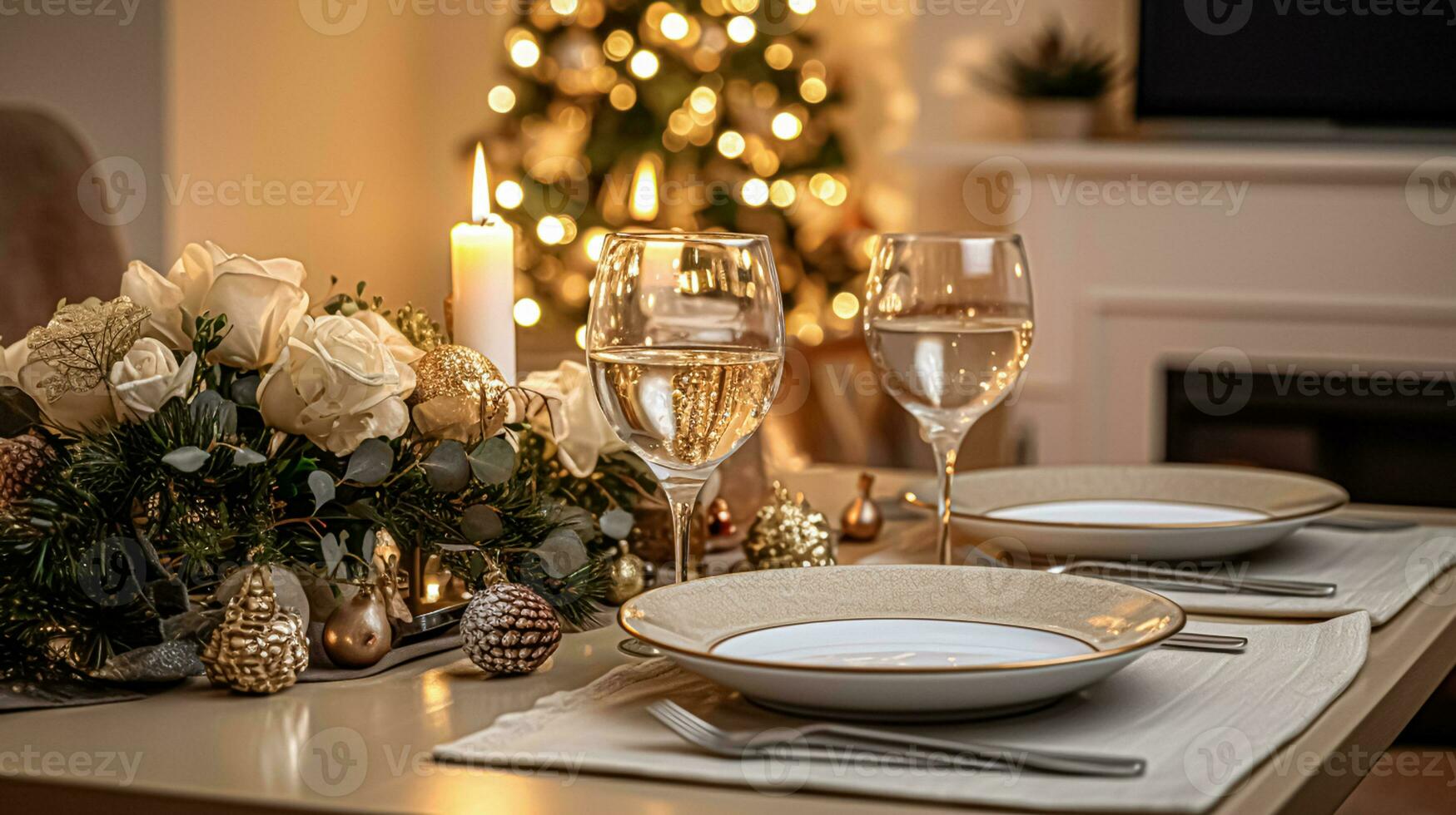 AI generated Festive date night tablescape idea, dinner table setting for two and Christmas, New Year, Valentines day decor, English country home styling photo